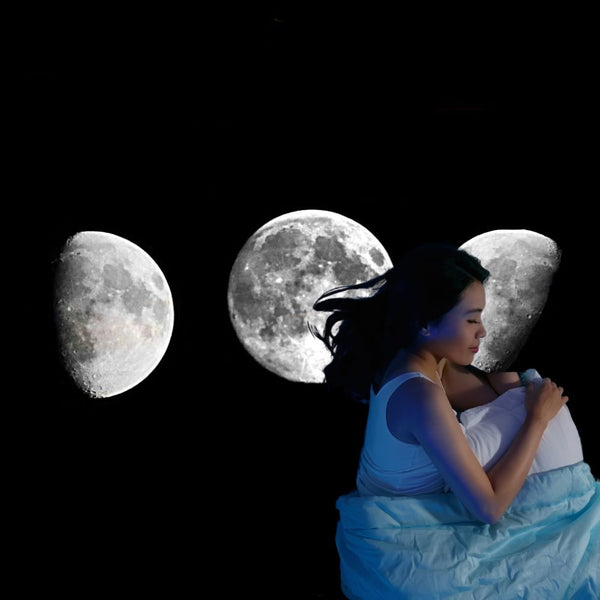 Tre fasi lunari ed una donna che dorme, che evidenziano la fase REM del sonno e come migliorarla con un cuscino ergonomico